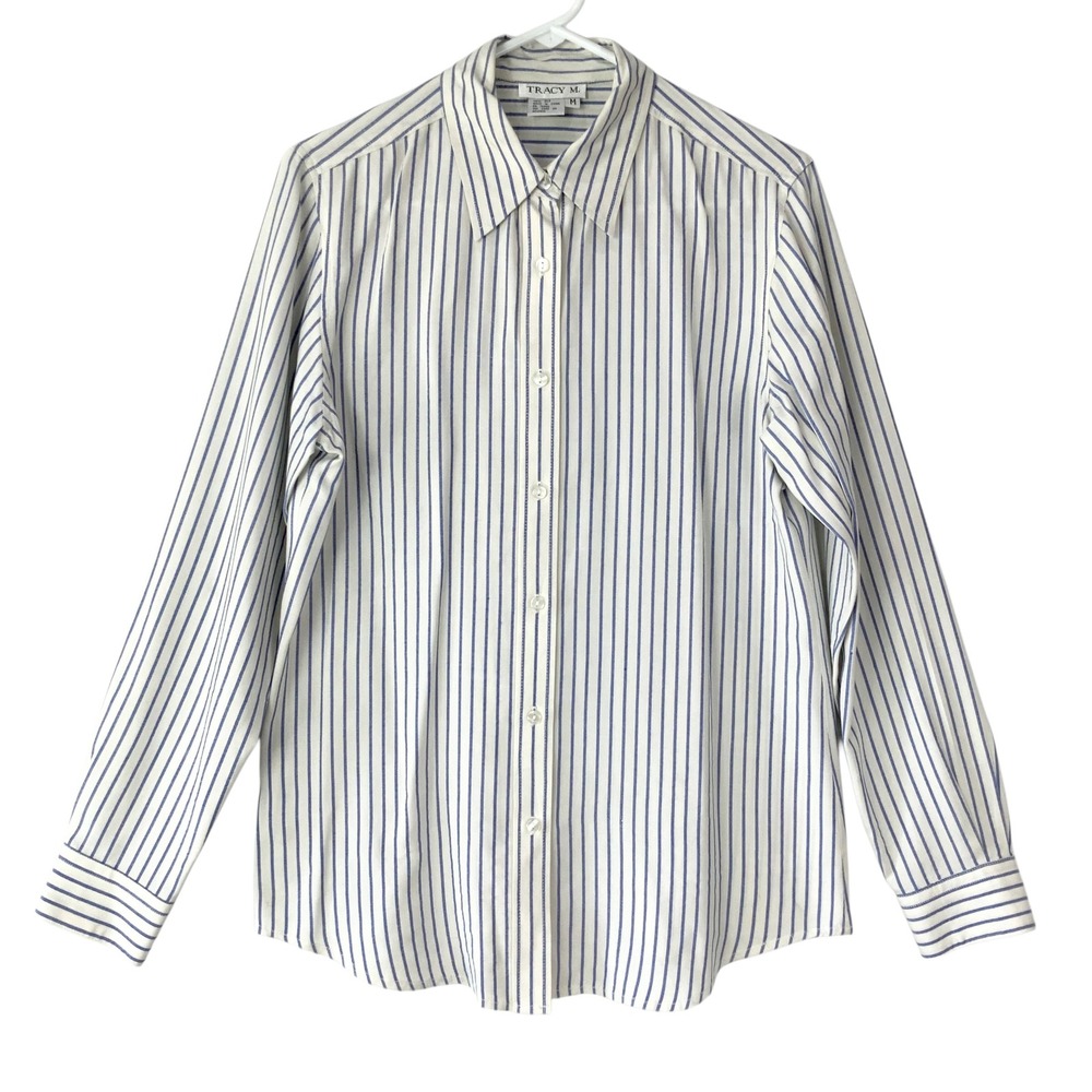 Tracy M. Striped Button Down Size M 100% Silk Long Sleeve Office Coastal Classic